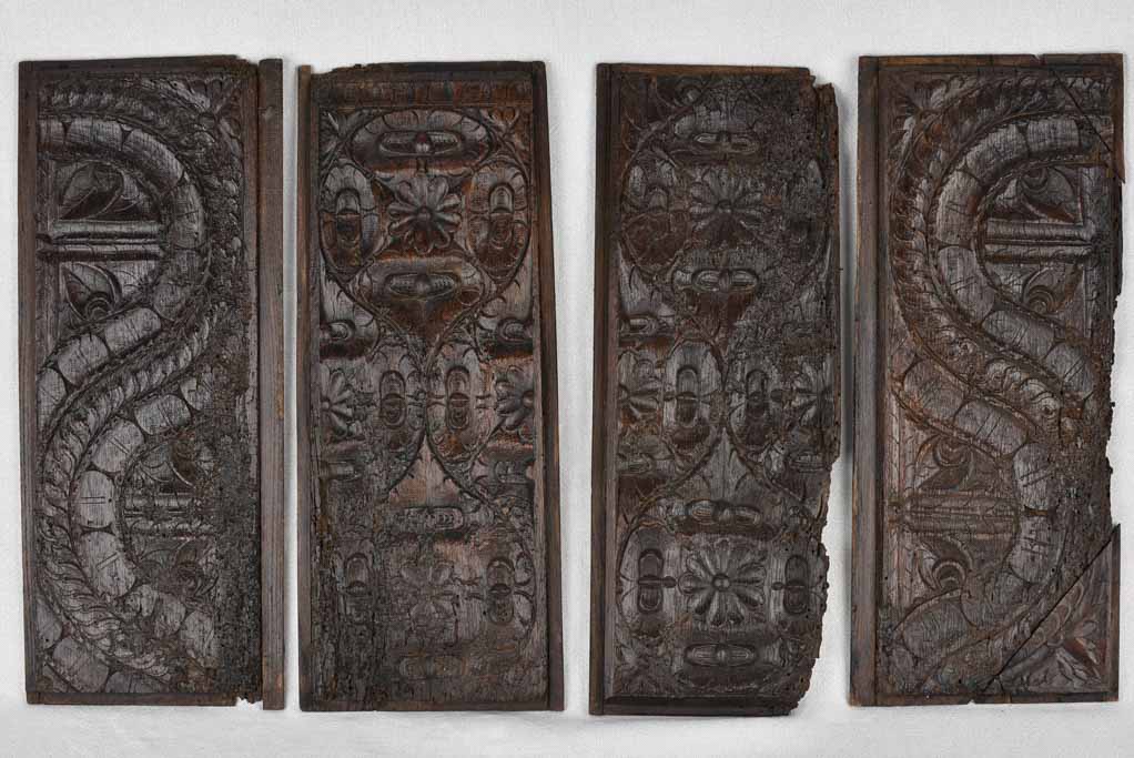 4 salvaged carved panels, early-17th-century 21¼"