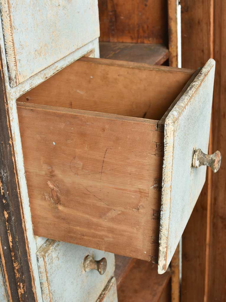 Antique food-store cupboard with blue patina 38½" x 67"