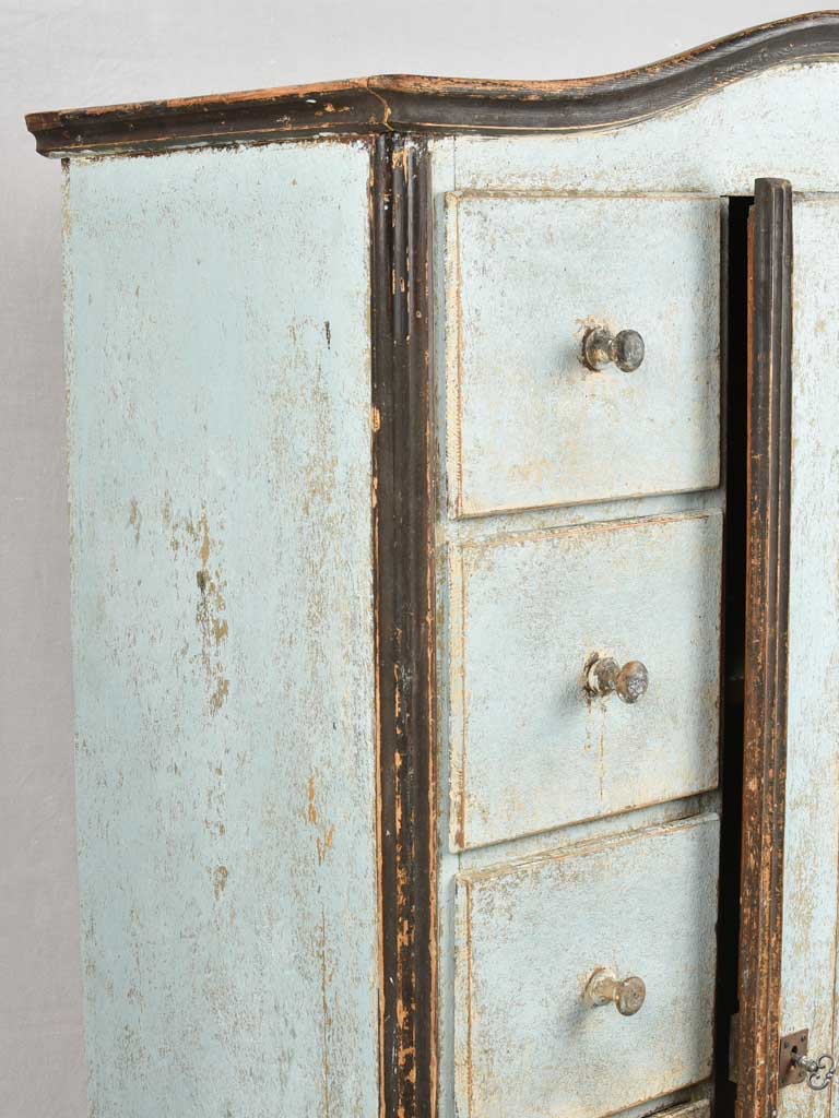 Antique food-store cupboard with blue patina 38½" x 67"