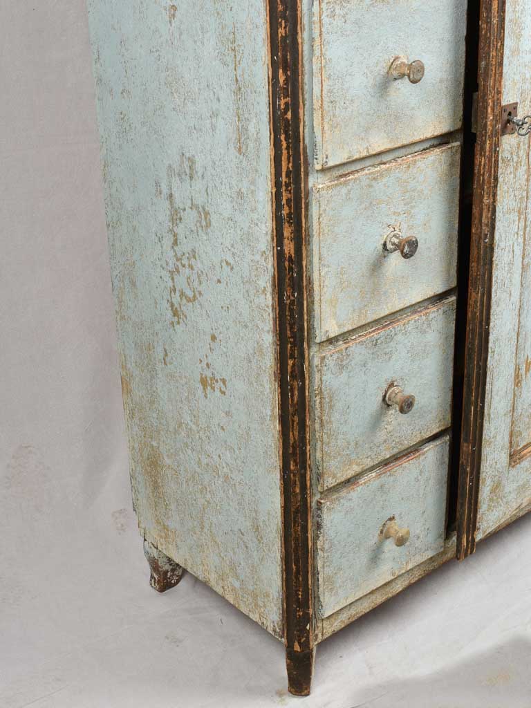 Antique food-store cupboard with blue patina 38½" x 67"