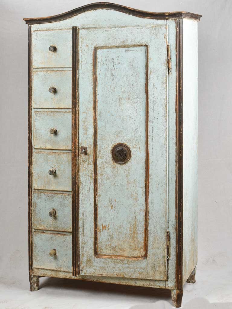 Antique food-store cupboard with blue patina 38½" x 67"