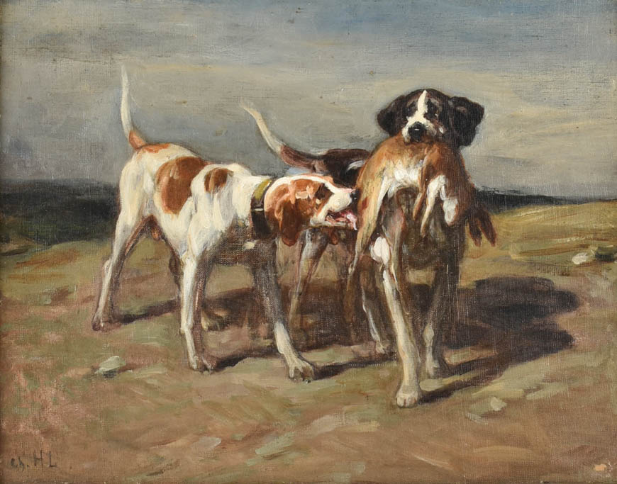 20th-century painting of hunting dogs HL 19¾" x 22¾"