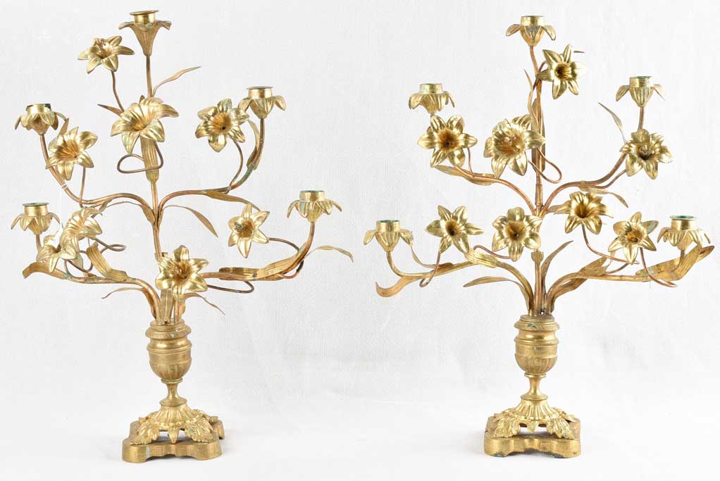 Pair of antique altar candelabras with flowers 20½"
