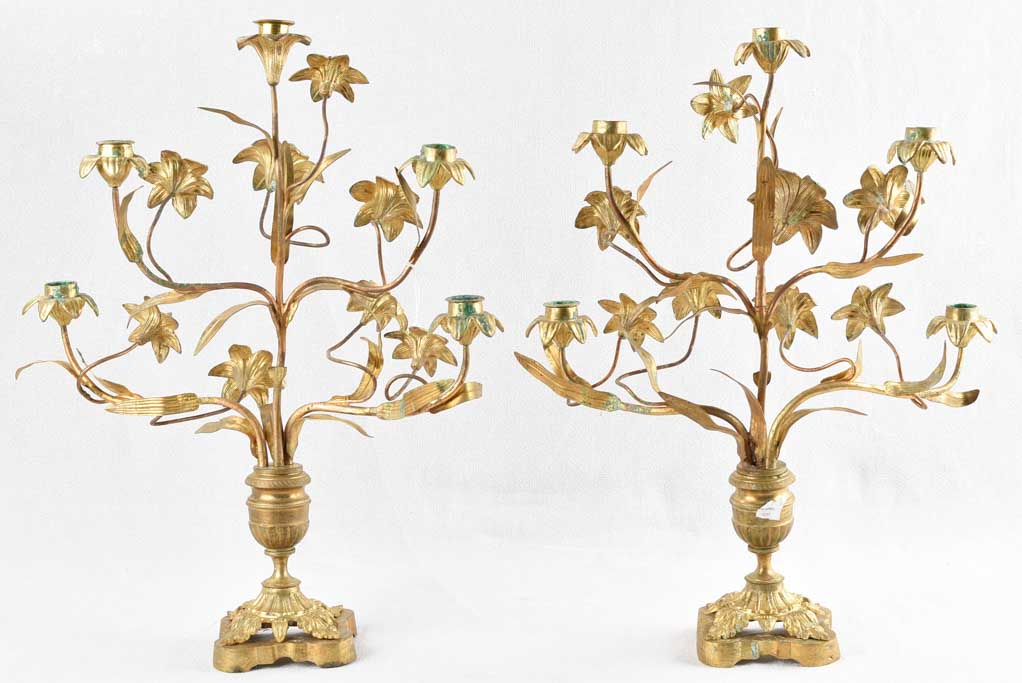 Pair of antique altar candelabras with flowers 20½"