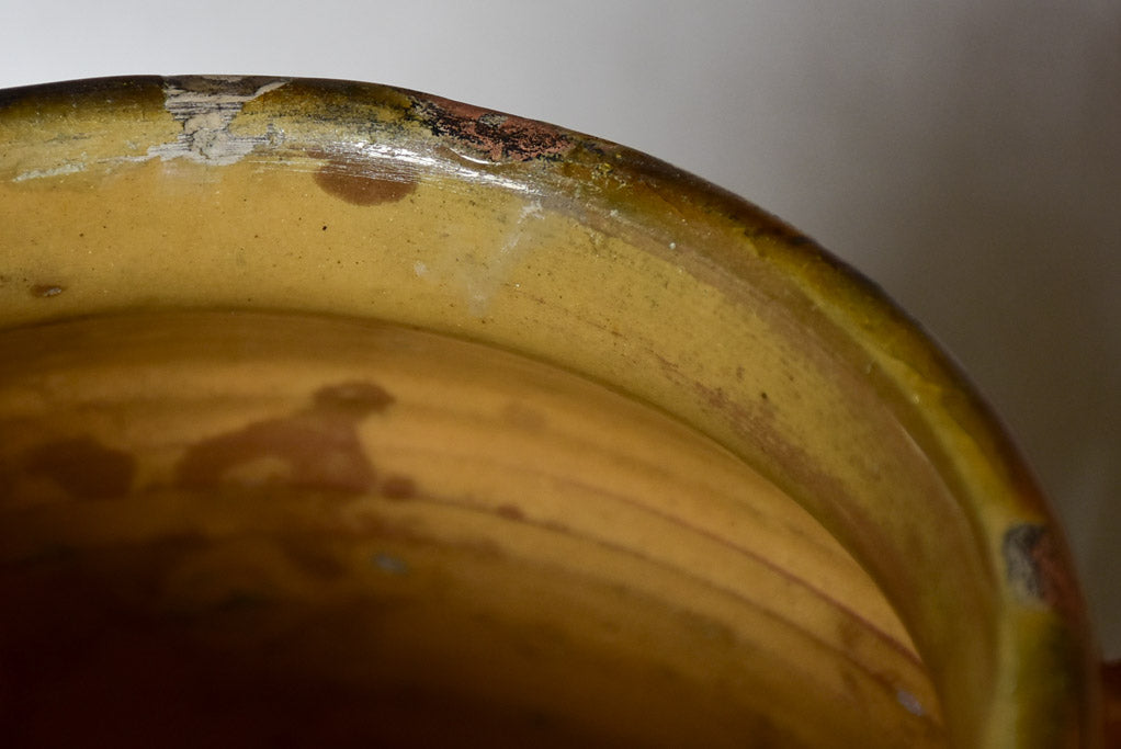 SOLD - MM Superb large antique French confit pot with orange yellow glaze 11½"