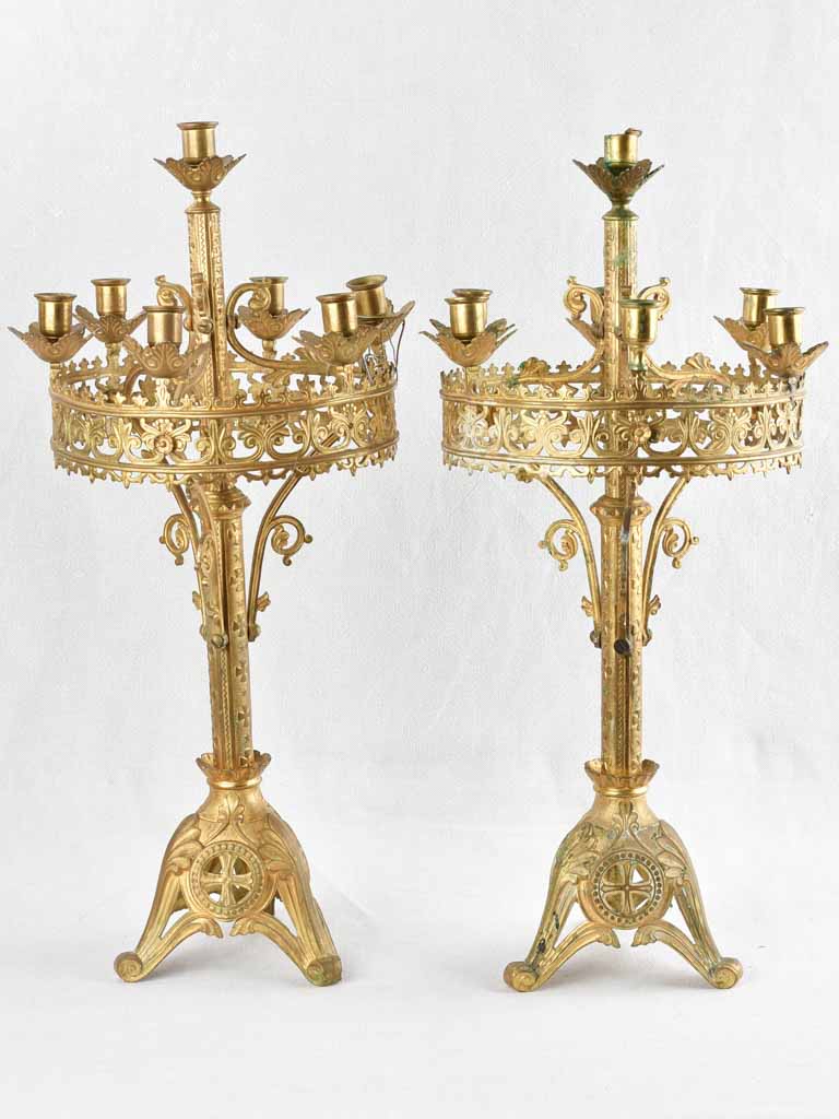 Pair of antique bronze church altar candelabras 25½"