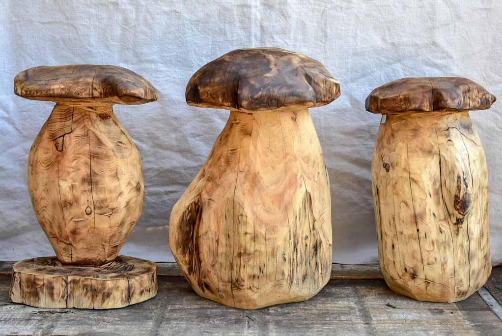 Collection of SEVEN artisan made garden stools - carved mushrooms / toadstools