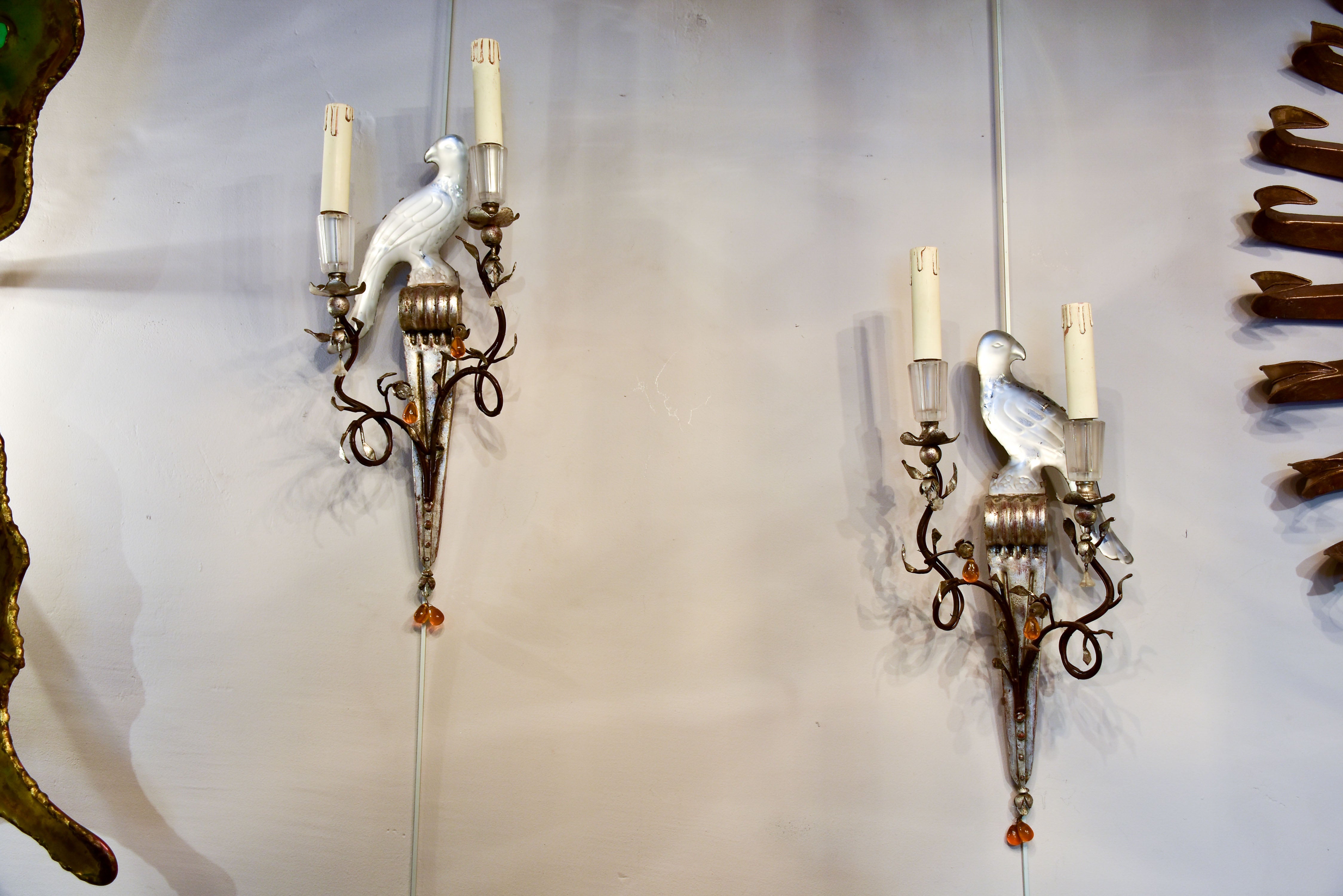 Pair of Maison Baguès wall appliques - parrots