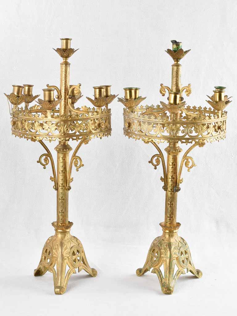 Pair of antique bronze church altar candelabras 25½"