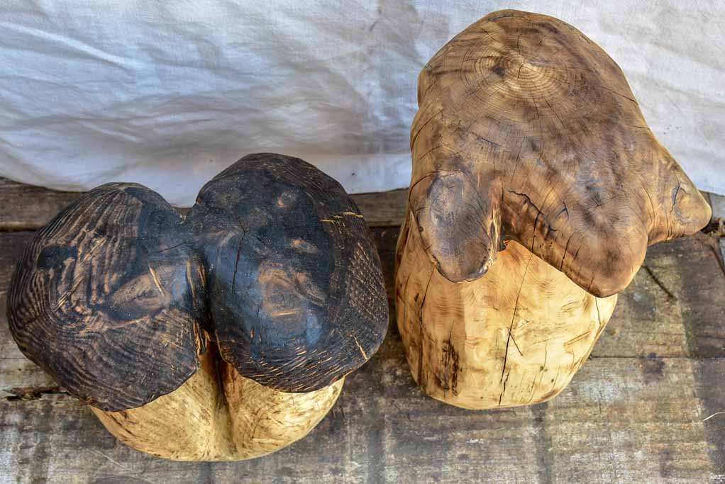 Collection of SEVEN artisan made garden stools - carved mushrooms / toadstools