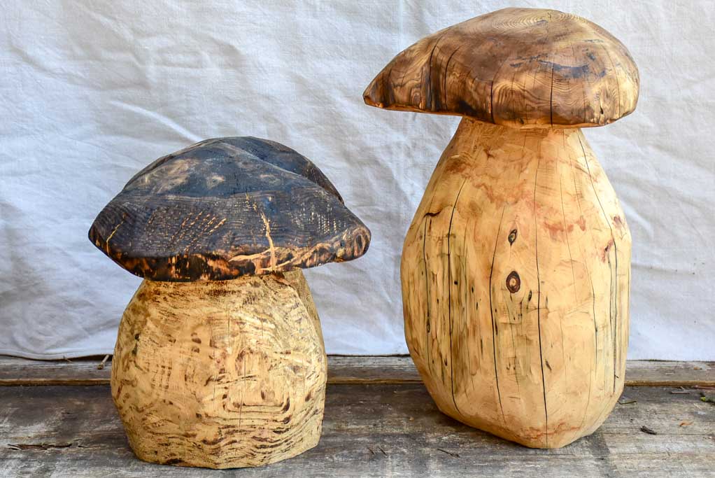 Collection of SEVEN artisan made garden stools - carved mushrooms / toadstools