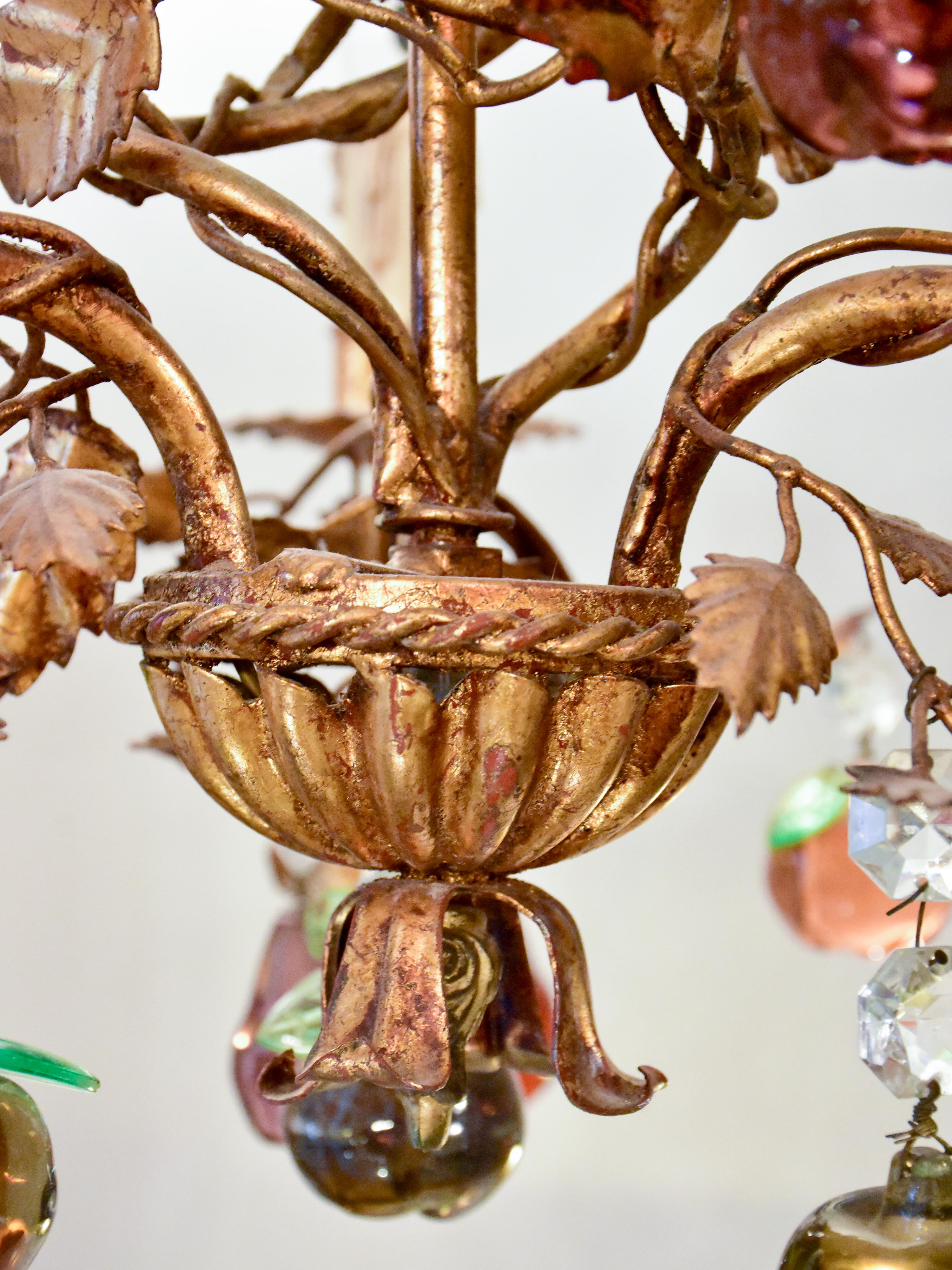 Vintage Italian chandelier with Murano glass fruits and a decorative gilded frame