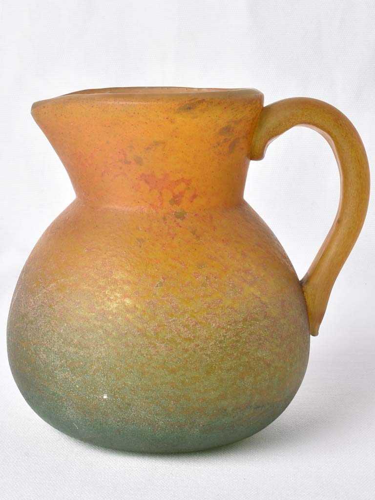 Green & orange Pate de verre glass pitcher - Georges de Feure (1868-1943) 7"