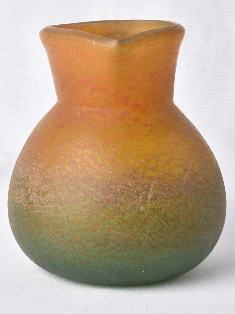 Green & orange Pate de verre glass pitcher - Georges de Feure (1868-1943) 7"