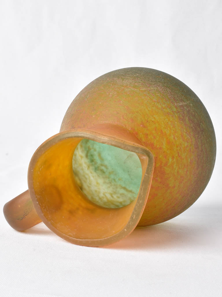 Green & orange Pate de verre glass pitcher - Georges de Feure (1868-1943) 7"