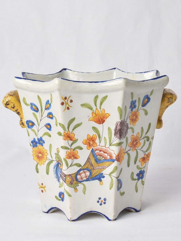 Antique cachepot - yellow & blue 8¼"