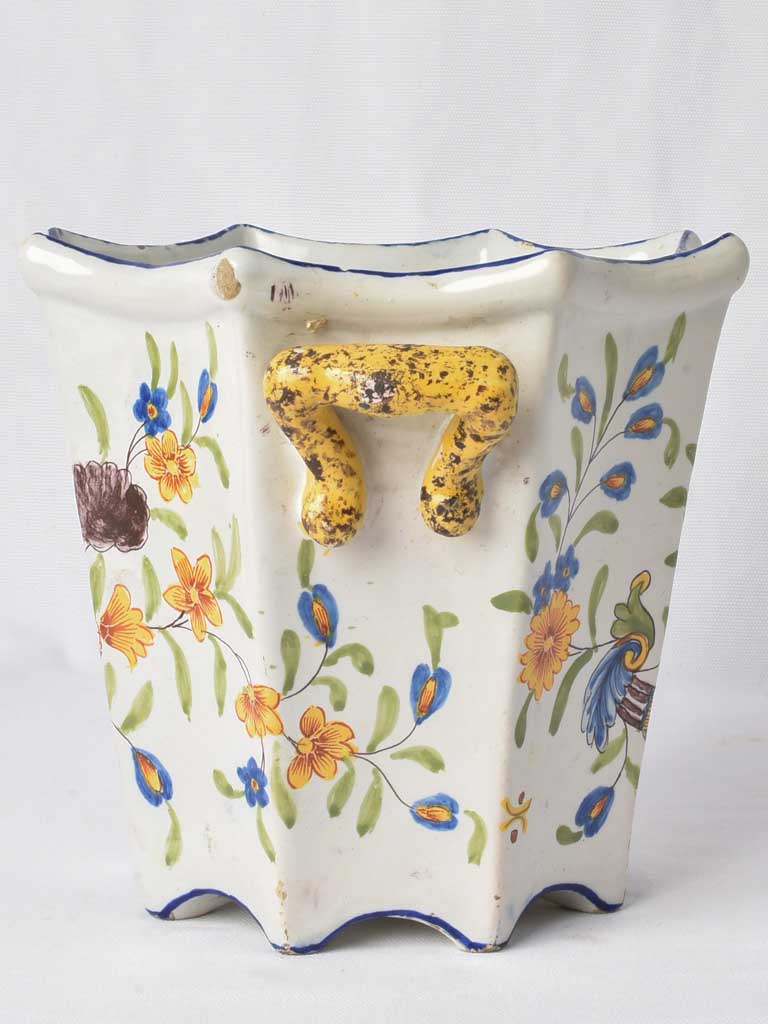 Antique cachepot - yellow & blue 8¼"