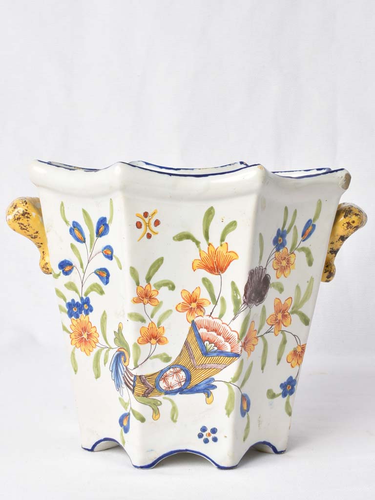 Antique cachepot - yellow & blue 8¼"