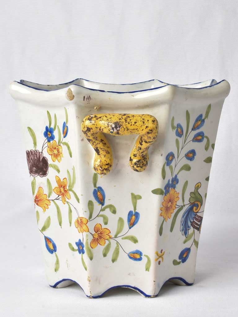 Antique cachepot - yellow & blue 8¼"