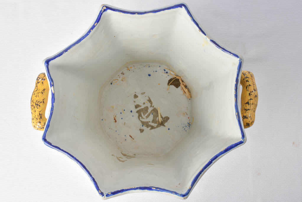 Antique cachepot - yellow & blue 8¼"