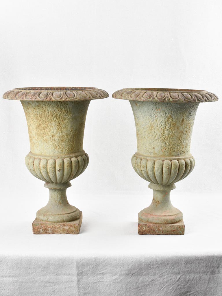 Pair of antique Medici urns - sage green patina 19¾"
