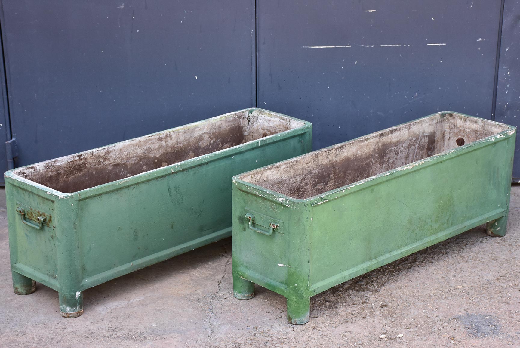 Pair of mid-century French rectangular garden planters / window boxes - green patina