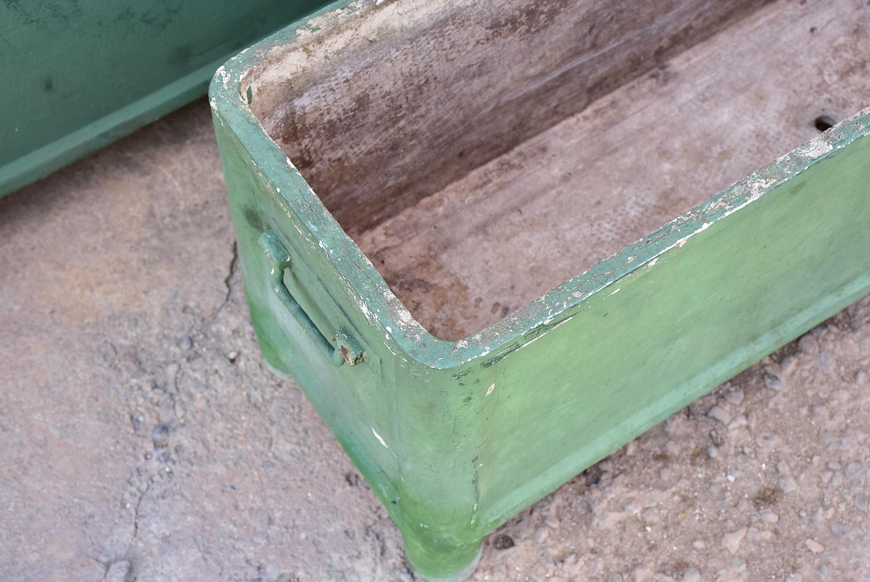 Pair of mid-century French rectangular garden planters / window boxes - green patina