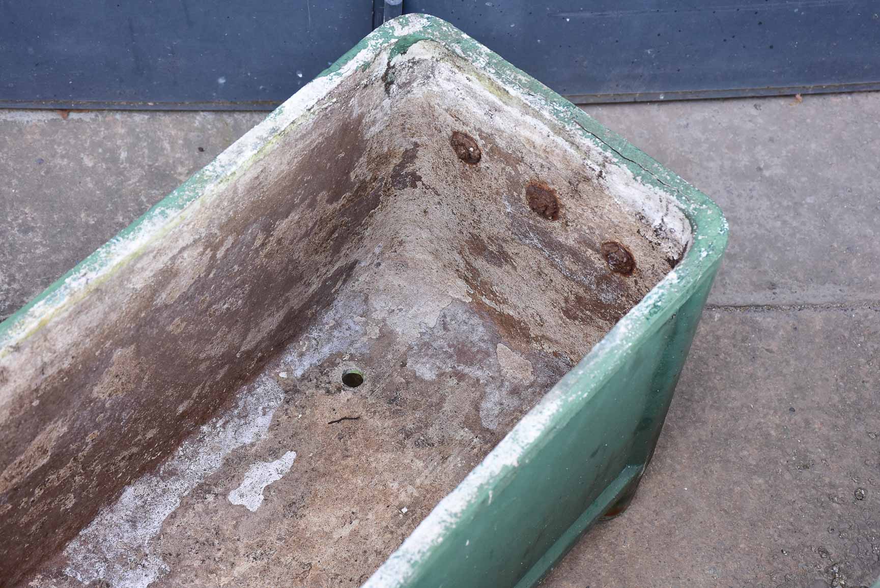 Pair of mid-century French rectangular garden planters / window boxes - green patina