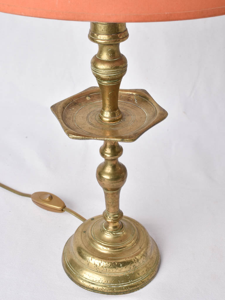 Two small bronze table lamps w/ red shades 19¾"