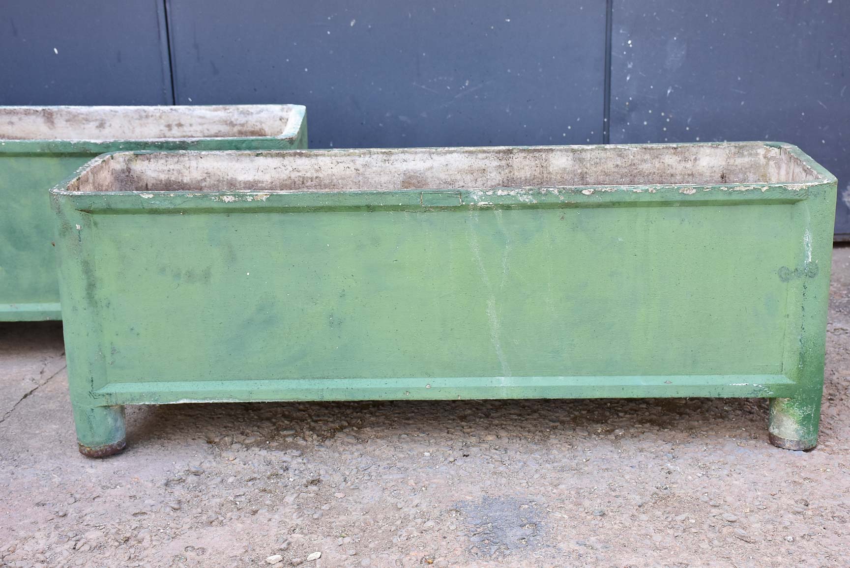 Pair of mid-century French rectangular garden planters / window boxes - green patina