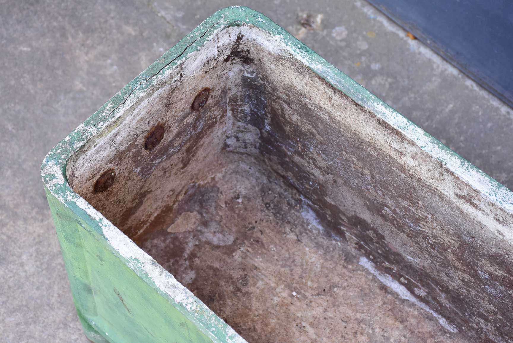 Pair of mid-century French rectangular garden planters / window boxes - green patina