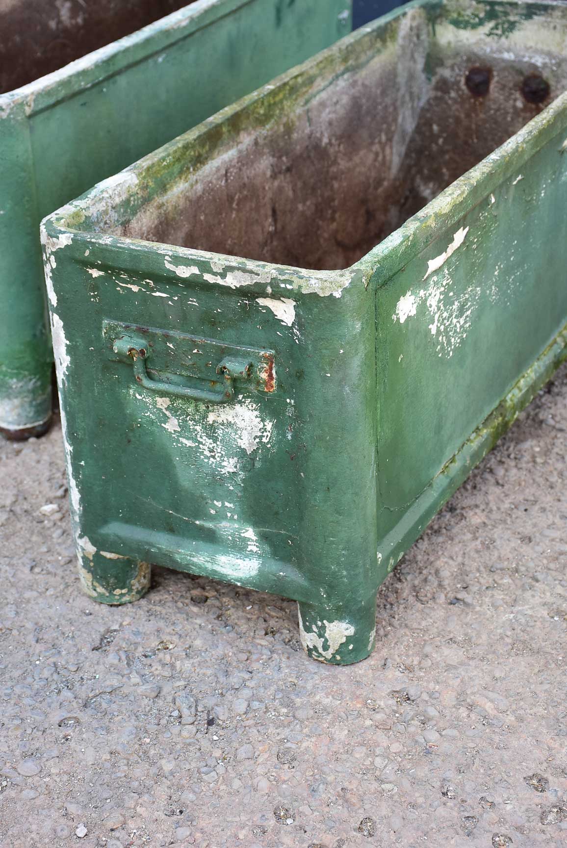 Pair of mid-century French rectangular garden planters / window boxes - dark green patina