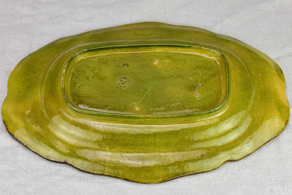 Pretty antique French platter with olive green glaze 15¼" Etienne Noel