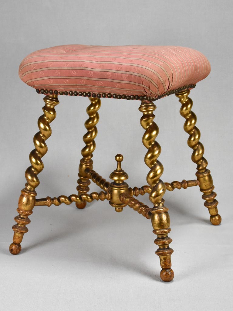 Late-19th-century gilded stool with original pink silk upholstery