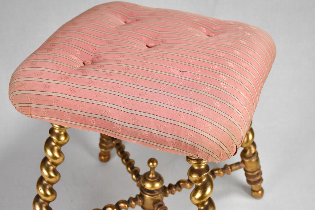 Late-19th-century gilded stool with original pink silk upholstery