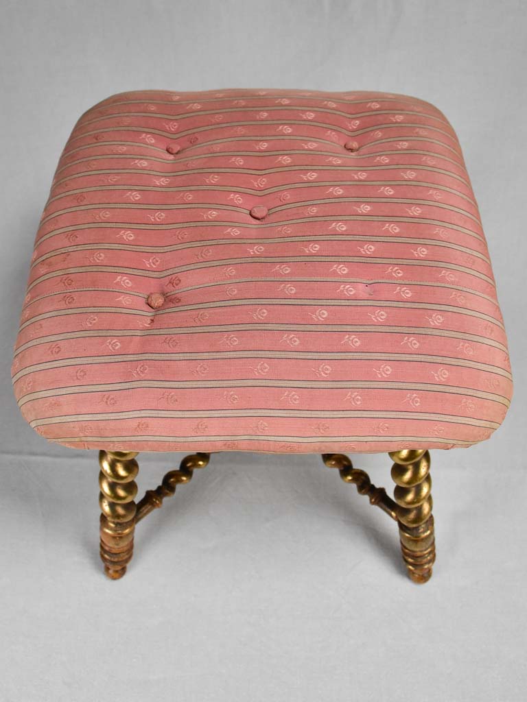 Late-19th-century gilded stool with original pink silk upholstery
