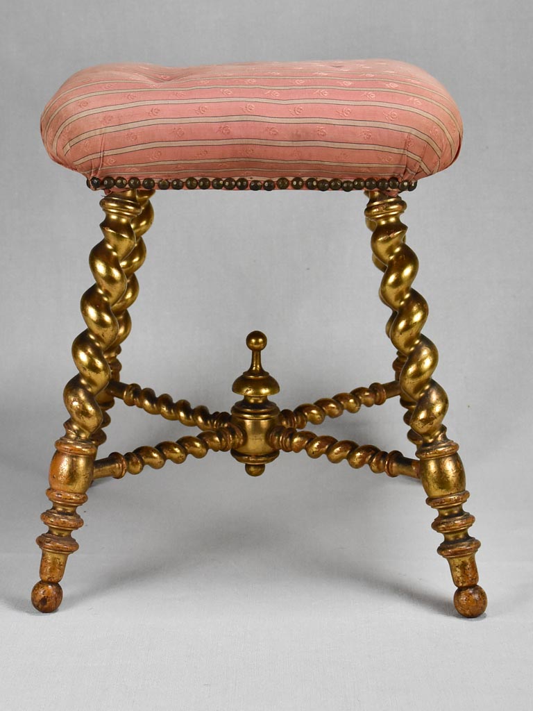 Late-19th-century gilded stool with original pink silk upholstery