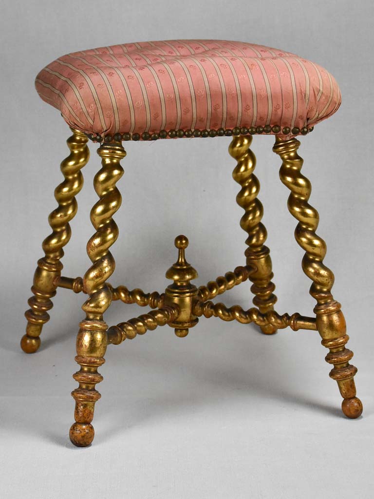 Late-19th-century gilded stool with original pink silk upholstery