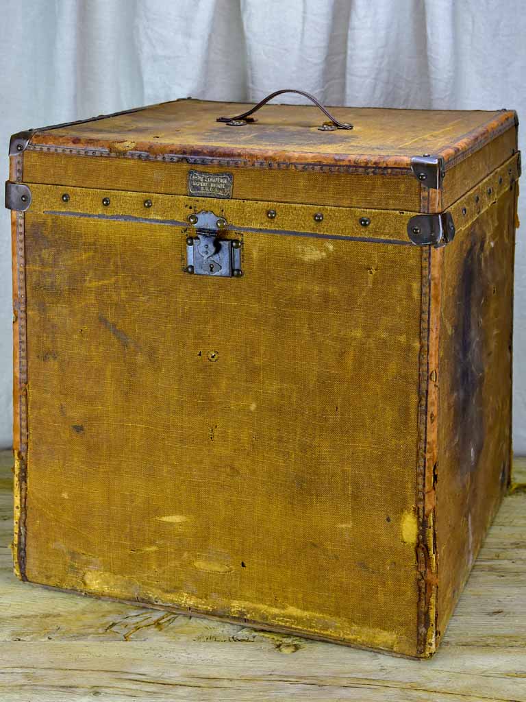 Antique French jute-covered hat box