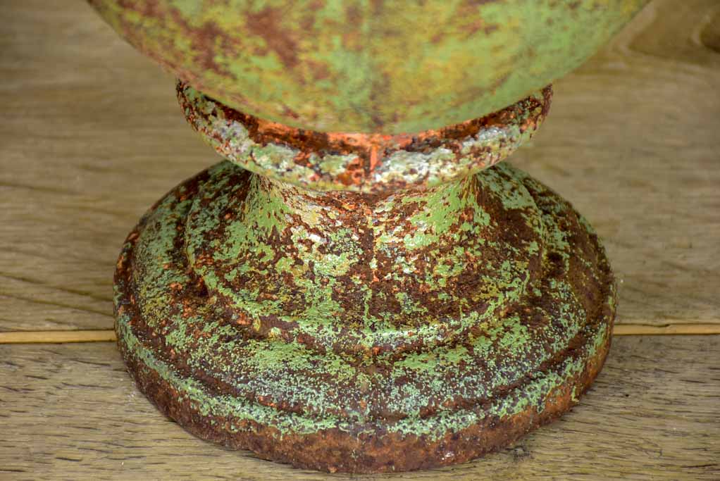 Pair of 19th Century cast iron garden urns with timeworn green patina 16¼"