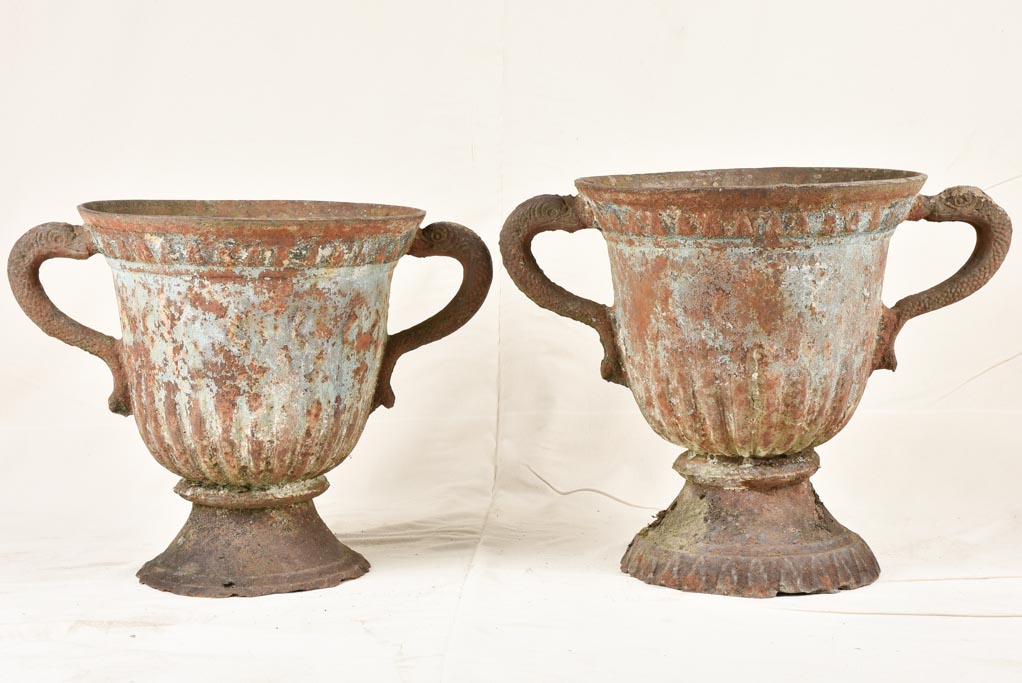 Large pair of 18th century cast-iron planters with blue patina 19¼"