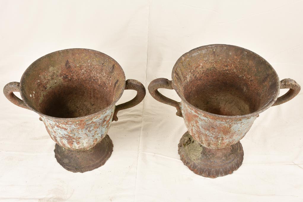 Large pair of 18th century cast-iron planters with blue patina 19¼"