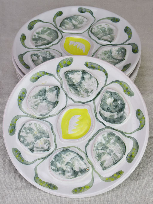 Set of 6 mid century French hand painted oyster serving plates - Pornic 9¾"