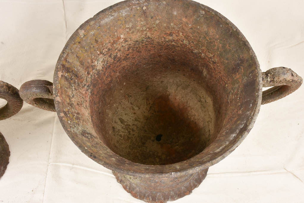 Large pair of 18th century cast-iron planters with blue patina 19¼"