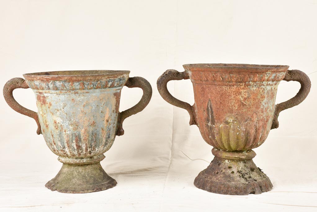 Large pair of 18th century cast-iron planters with blue patina 19¼"