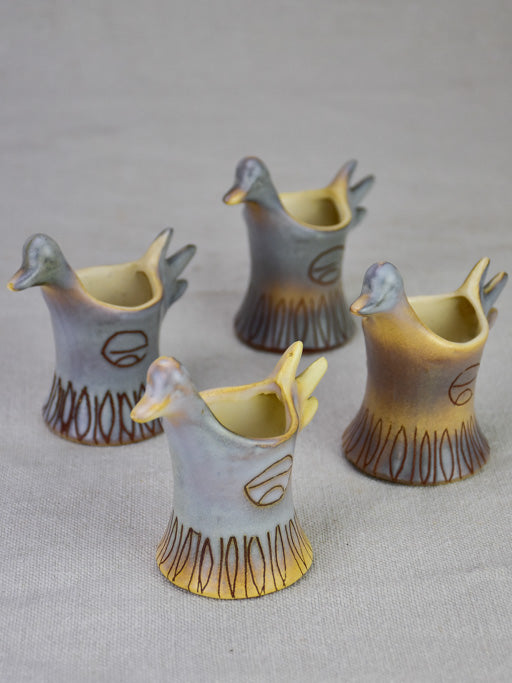 Set of four mid-century French bird-shaped egg cups from Vallauris