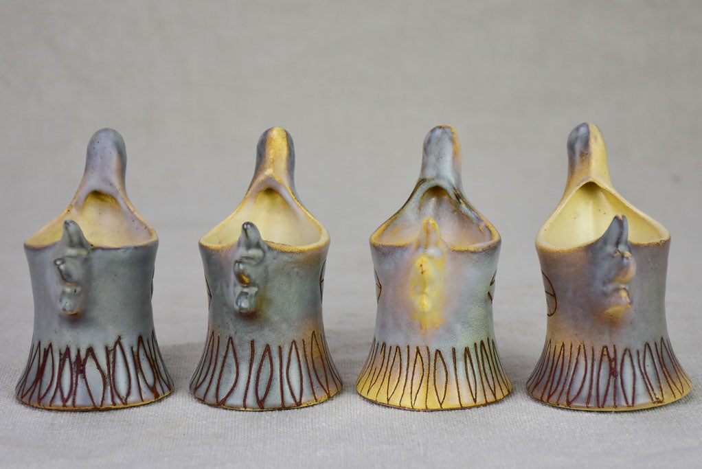 Set of four mid-century French bird-shaped egg cups from Vallauris