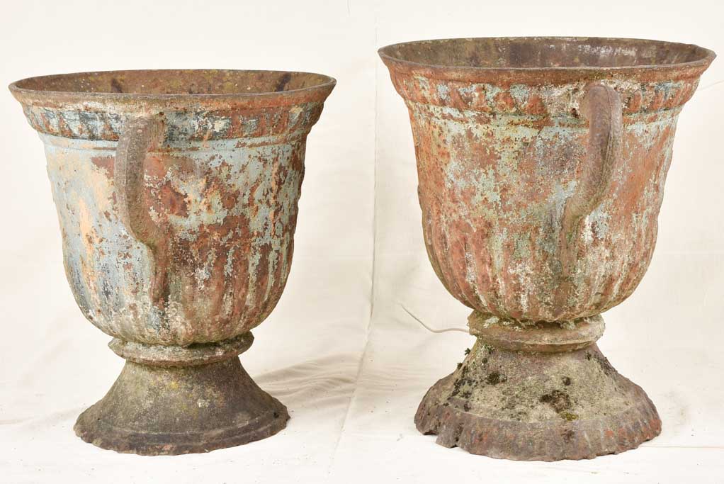 Large pair of 18th century cast-iron planters with blue patina 19¼"
