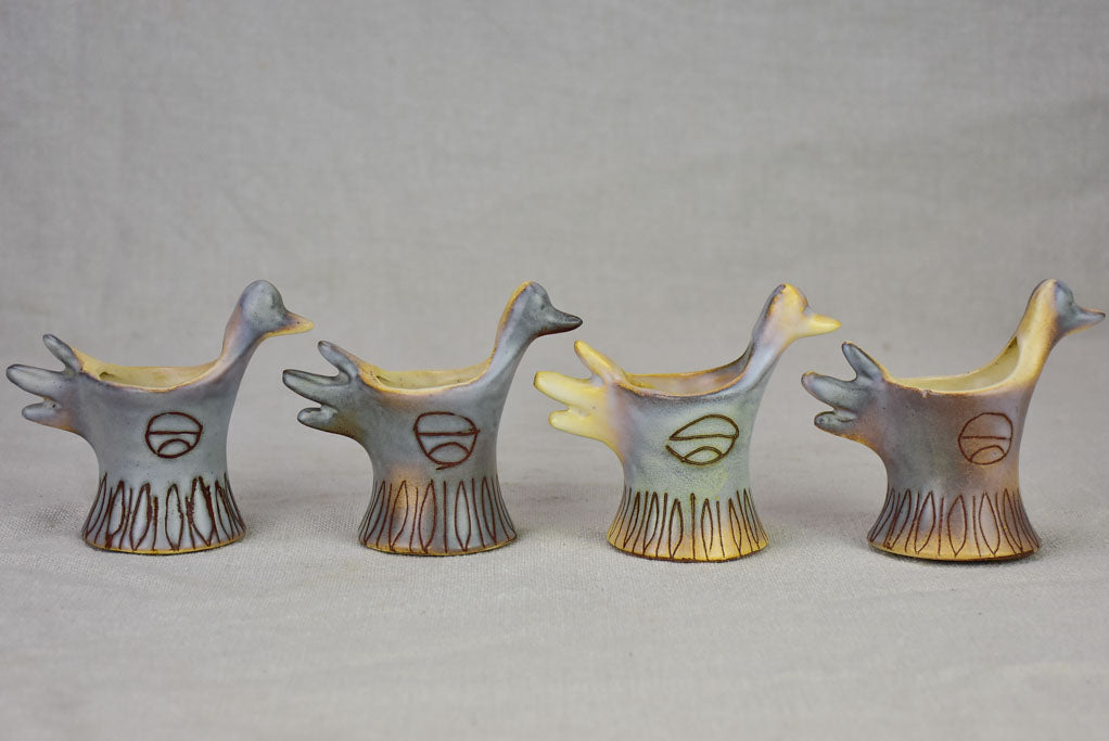 Set of four mid-century French bird-shaped egg cups from Vallauris