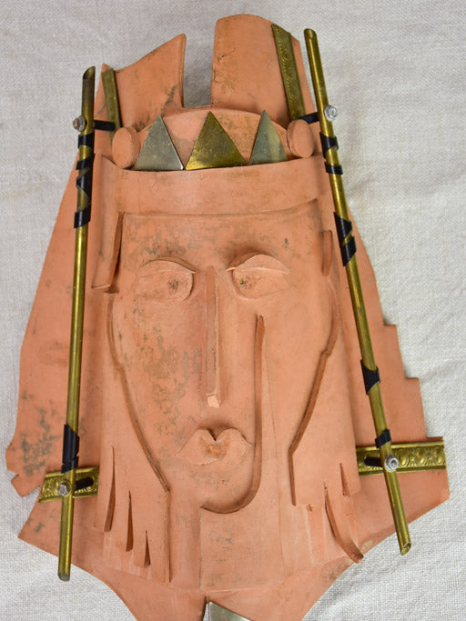 Pair of vintage handmade terracotta tile wall sconces with faces 11¾"